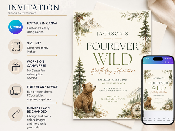 Fourever Wild birthday invitation with evergreen forest trees, botanical branches and elegant adventure typography