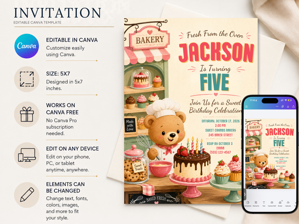 Watercolor teddy bear baby shower invitation with a warm cream background, sage greenery, soft florals, hot air balloon, and storybook details.