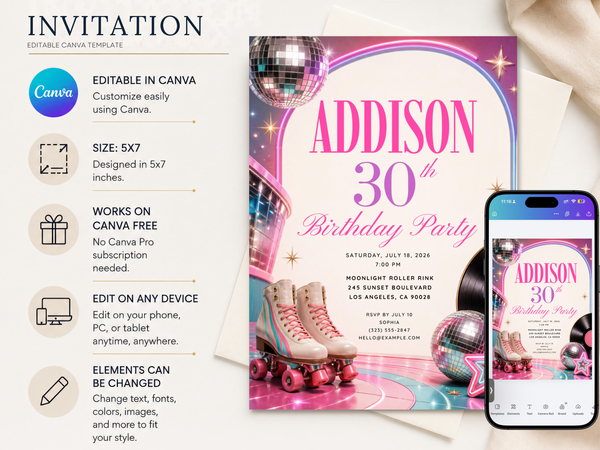 Editable disco birthday invitation design with vintage roller skates, mirrored disco balls, vinyl record details and bright neon pink and teal accents.