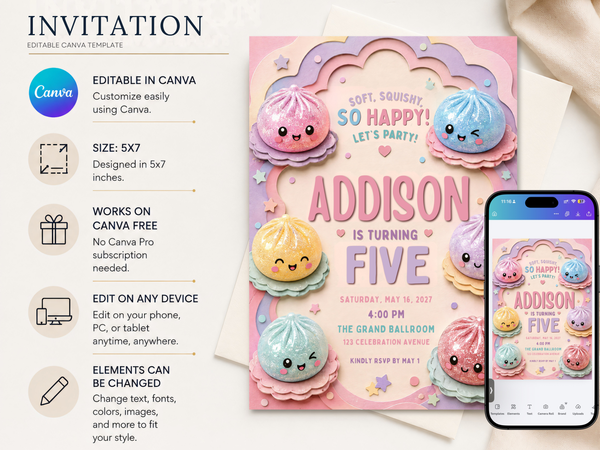 Cute dumpling birthday invitation template with candy-colored dumpling characters, cheerful expressions, pastel shapes, confetti, and child-friendly birthday lettering.