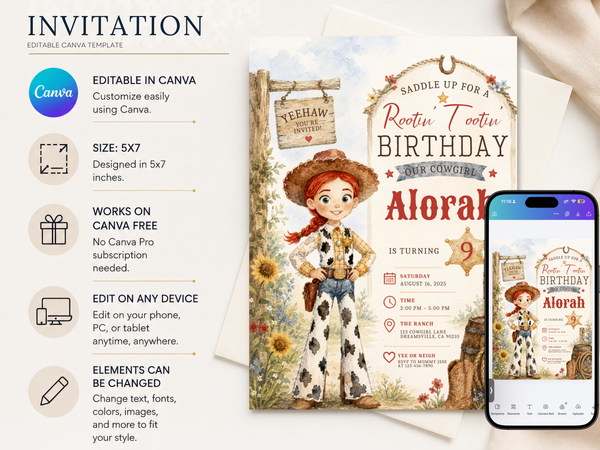 Editable Jessie cowgirl birthday invitation template preview with rustic ranch styling, rope accents, sunflowers and western typography.