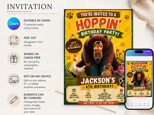 Close view of the Hoppers movie birthday invitation design with animal characters, bold typography, and cheerful yellow, green, brown, and orange details.