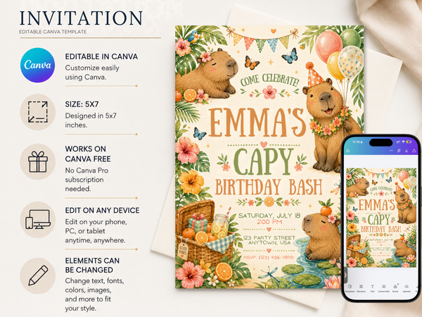 Capybara birthday invite artwork with warm tan capybaras, coral flowers, green foliage, balloons and a cream background