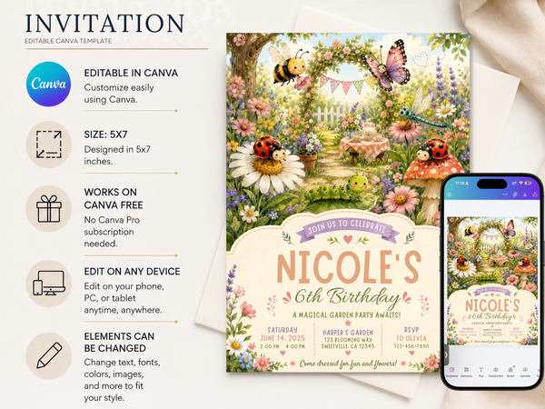 Whimsical garden birthday invitation with daisies, wildflowers, ladybugs, mushrooms and soft pastel greenery.
