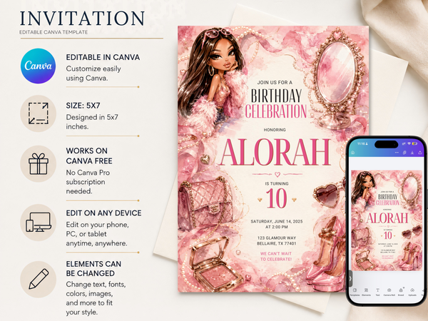 Bratz birthday invitation artwork featuring a fashionable doll, pink watercolor tones and luxury accessories