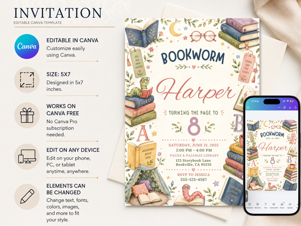 Editable book themed birthday invitation template showing storybooks, reading glasses, stacked books, and soft watercolor-inspired pastel accents.