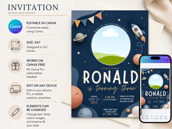 Outer-space birthday invitation design with a dark navy sky, white stars, orbit trail details, planets, and rocket-themed artwork.