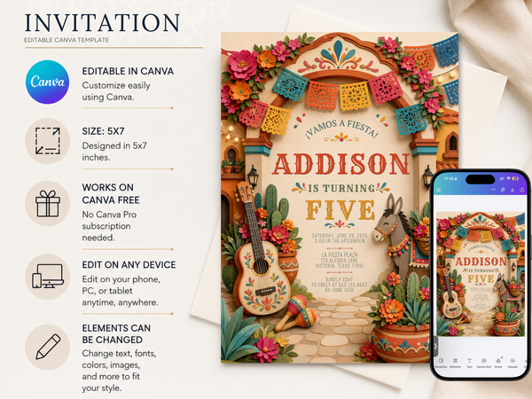 Fiesta birthday invitation design with colorful Mexican-inspired florals, decorative pottery, cacti and festive illustrated details