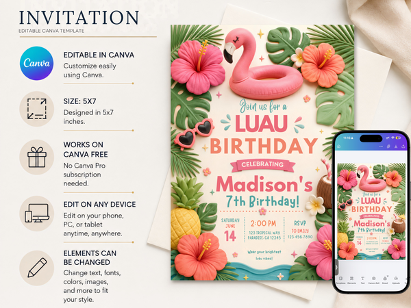 Editable luau birthday invitation artwork with tropical leaves, pink flamingo, pineapple, coconut drink and playful party text