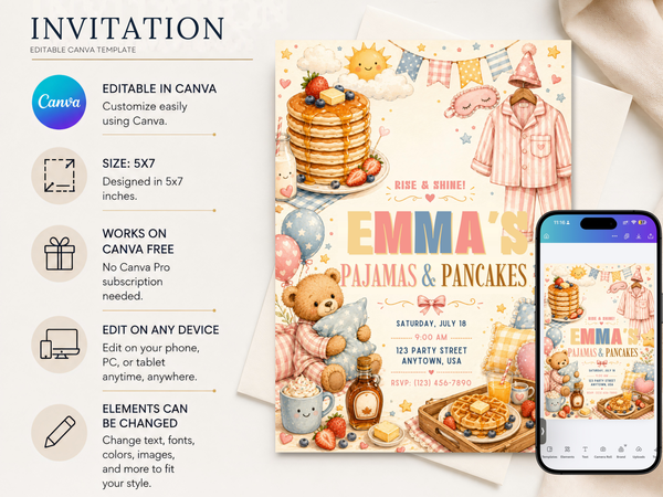 Editable Pajamas & Pancakes birthday invite with striped pajamas, sleep mask, teddy bear, pancakes and decorative stars in a cozy storybook watercolor style.