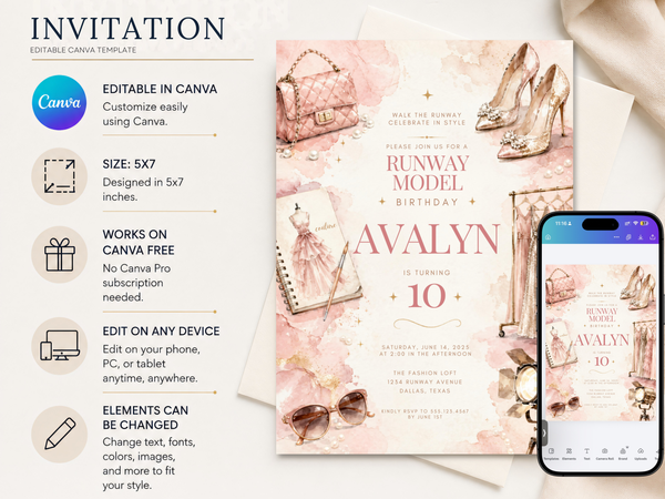 Runway birthday invitation template featuring a soft pink fashion editorial collage with dresses, accessories and chic typography