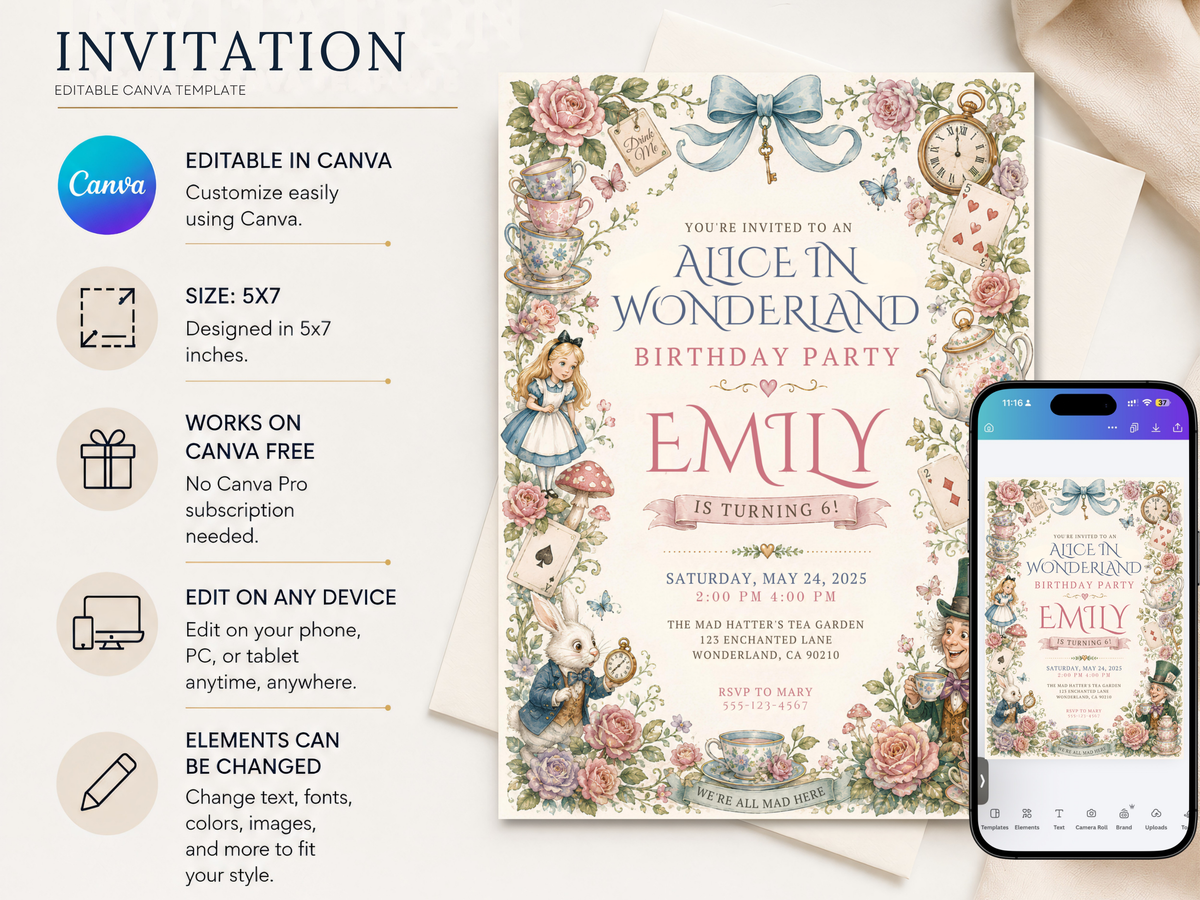 Alice in Wonderland birthday invite featuring teacups, roses, playing cards, pocket watch and soft dusty blue and blush pink storybook accents
