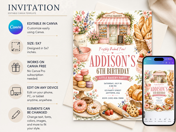 Little bakery birthday invite artwork with hand-painted macarons, cupcakes and floral accents surrounding the editable invitation text.