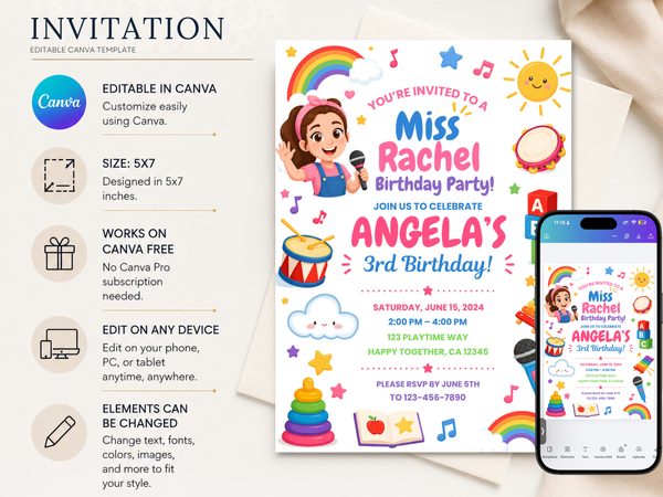 Ms Rachel-inspired kids birthday invitation design showing a cheerful illustrated girl with music notes, drum, microphone, xylophone, rainbow and colorful party motifs.