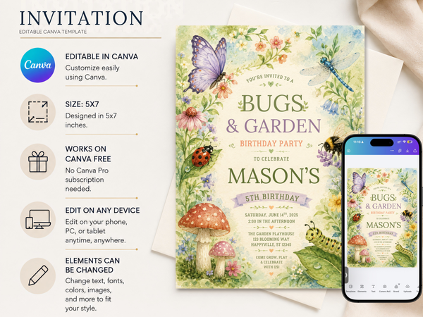 Bugs & Garden birthday invitation with watercolor dragonfly, flowers, leaves and whimsical garden artwork