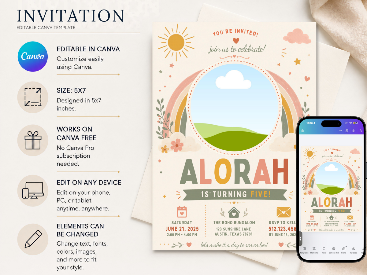 Editable boho rainbow birthday invitation with colorful birthday typography, rainbow arches, floral accents, leafy branches, hearts, and small stars.