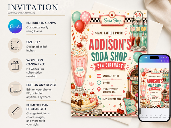 Editable retro diner birthday invitation featuring soda bottles, a soda fountain and playful birthday typography.