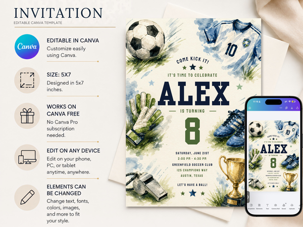 Editable soccer birthday invitation template with hand-painted soccer gear, including jersey, ball, cleats, gloves and trophy.