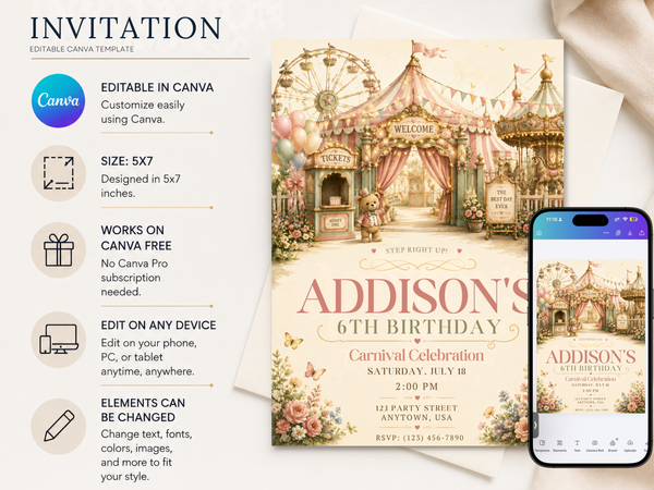 Editable carnival birthday invite with a storybook fairground setting, carousel, Ferris wheel, teddy bear, florals, and butterflies