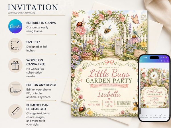 Watercolor bug birthday invitation artwork showing a pastel garden scene with bees, butterfly, ladybug, flowers, and picket gate