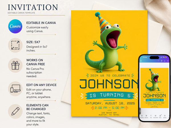 Tom Lizard Hoppers birthday invite design showing a cheerful green lizard, striped party hat, and modern birthday typography.