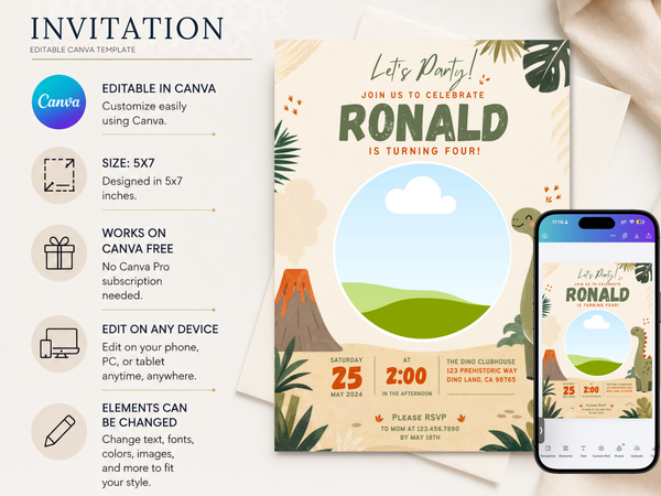 Playful dinosaur birthday invite artwork with a friendly dinosaur, volcano, foliage, clouds, and green rolling hills.