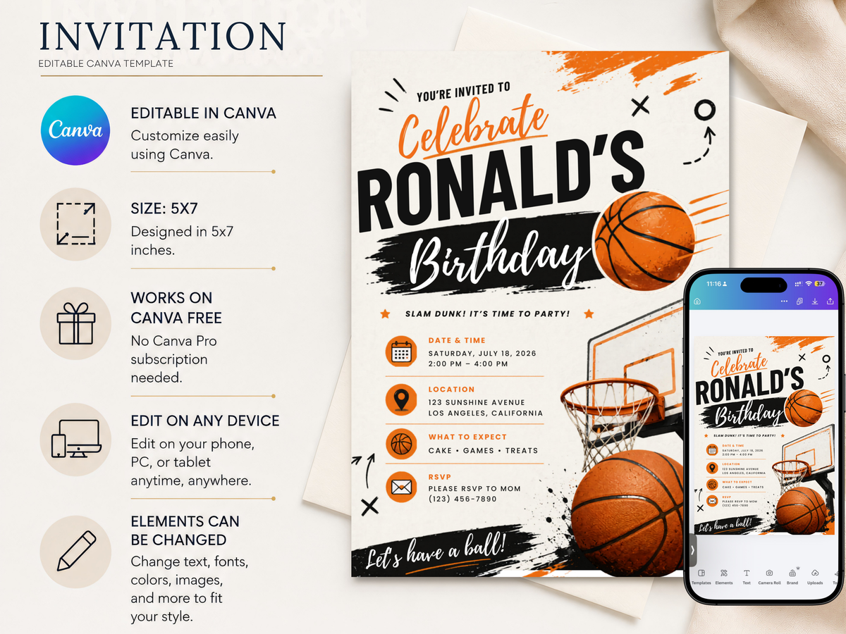 Editable basketball birthday invitation design with an orange basketball, athletic typography, court-inspired marks, and clear event detail sections.