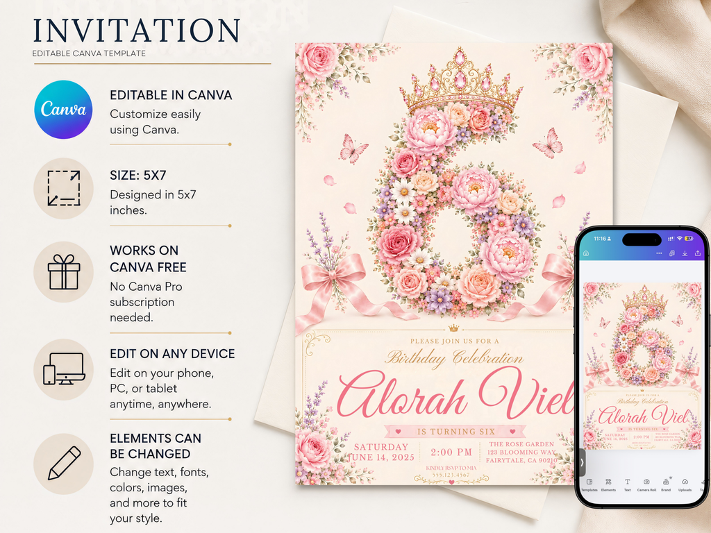 Floral princess birthday invitation artwork featuring a jeweled crown above a lush arrangement of pink roses, white daisies, lavender flowers, and delicate butterfly accents.