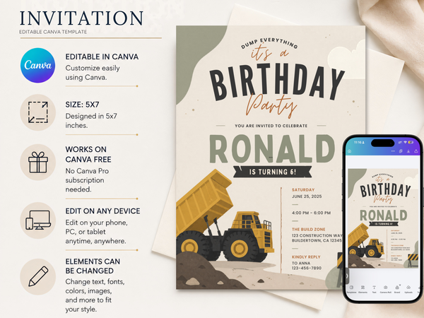 Construction birthday party invitation template with dump truck artwork, roadwork elements, warm neutral tones, bold lettering, and kid-friendly building-site details.