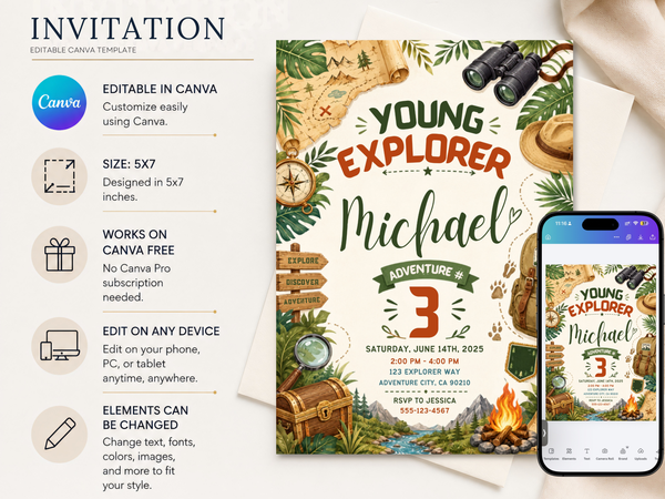 Young Explorer birthday invitation artwork featuring illustrated jungle foliage and an outdoor expedition color palette of forest green, cream, brown and orange.