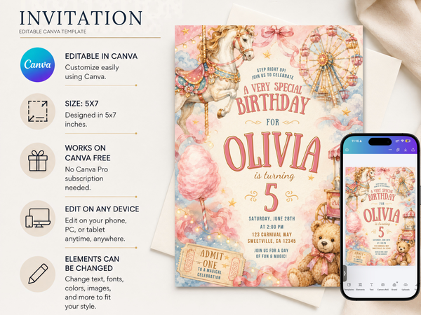 Vintage watercolor birthday invitation with carnival and fairground motifs, including carousel details, Ferris wheel, teddy bear, balloons, and soft pastel colors