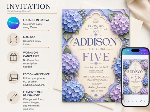 Floral birthday invitation template with blue hydrangeas, lavender blossoms, botanical leaves, ornamental framing, and a refined garden-party aesthetic.
