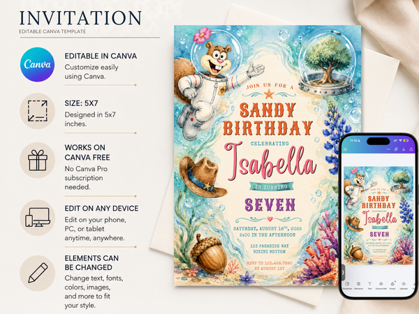 Colorful Sandy Cheeks birthday invitation artwork with an astronaut suit character, ocean bubbles, coral, shells, greenery, starfish, and a portrait party invitation layout.