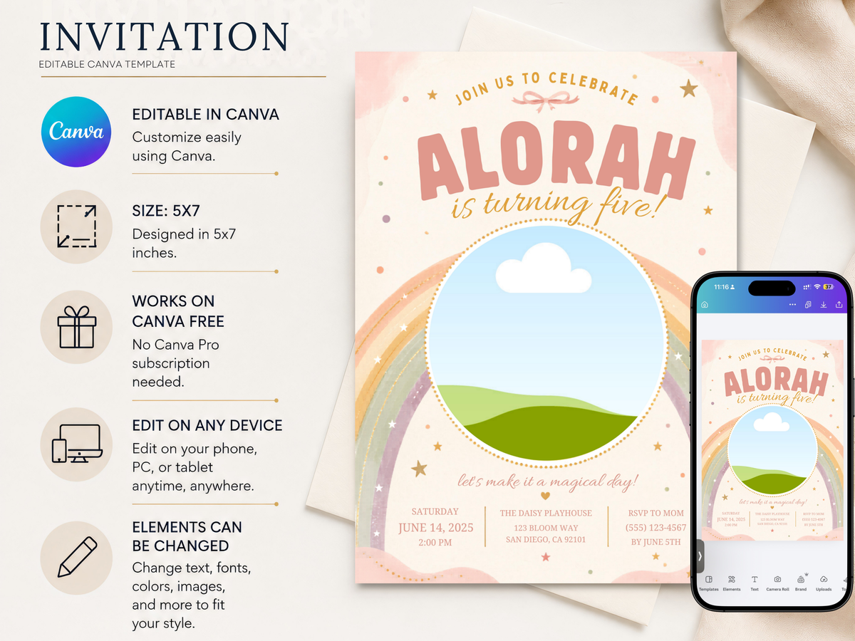 Editable rainbow birthday invite artwork with cheerful birthday typography, pastel peach background, rainbow arches, stars, and cloud landscape