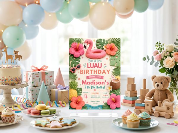 Colorful tropical birthday invitation template showing flamingo, hibiscus blooms, palm foliage, pineapple and island party details