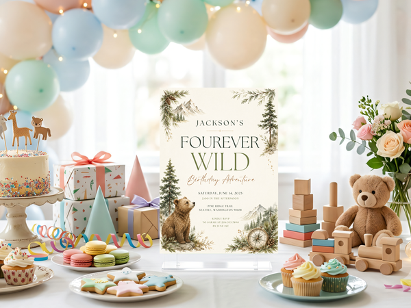 Woodland adventure birthday invitation with compass imagery, forest greenery and warm brown watercolor accents