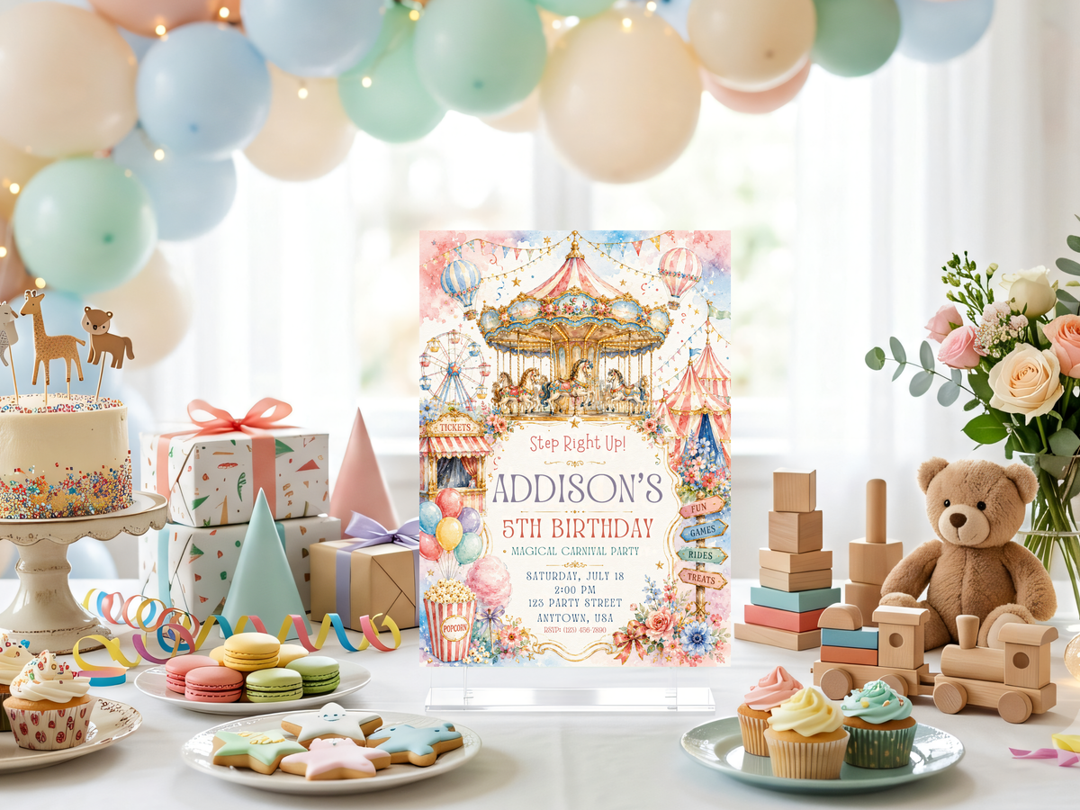 Carousel birthday invitation template product image with soft pastel carnival colors and illustrated fairground styling