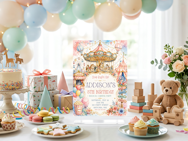 Carousel birthday invitation template product image with soft pastel carnival colors and illustrated fairground styling