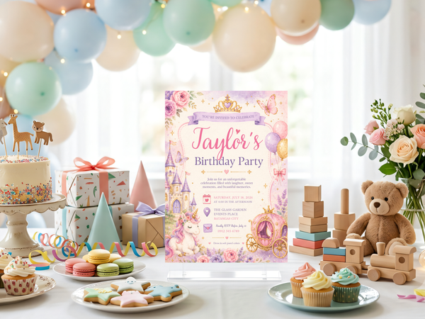 Pastel watercolor birthday invitation design with princess castle imagery, unicorn illustration, roses, flowers, and delicate butterfly motifs.