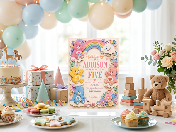 Editable Care Bears birthday invitation template showing colorful bear characters, pastel rainbow, clouds, stars, hearts, and playful dimensional illustration.