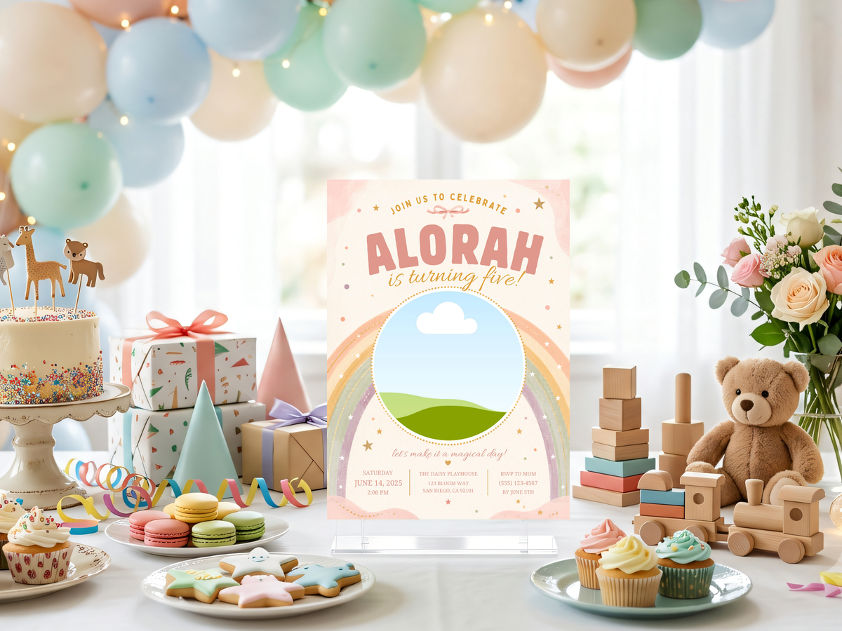 Boho pastel rainbow birthday invitation artwork showing a colorful rainbow landscape, green hills, blue sky, white cloud, and gold star accents