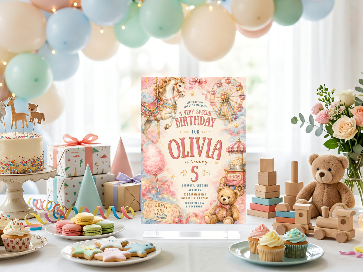 Pastel carnival birthday invitation template with a storybook watercolor aesthetic, fairground elements, carousel horse, teddy bear, and decorative party details
