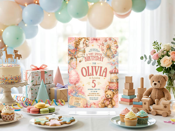Pastel carnival birthday invitation template with a storybook watercolor aesthetic, fairground elements, carousel horse, teddy bear, and decorative party details