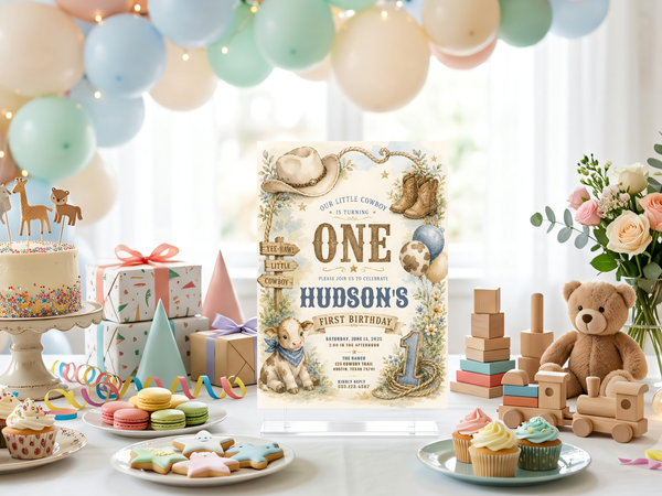 Little cowboy birthday invite artwork in a vintage western watercolor style with brown, cream, muted blue and sage green details.
