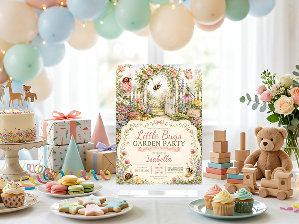 Little Bugs Garden Party editable invitation with soft pink roses, white daisies, sage greenery, and whimsical garden insects
