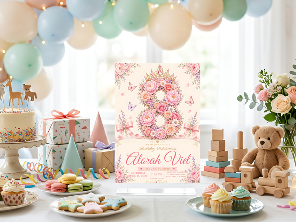 Elegant floral butterfly birthday invite template showing a soft pastel garden aesthetic with roses, butterflies, ribbon bows, botanical accents, and refined typography.