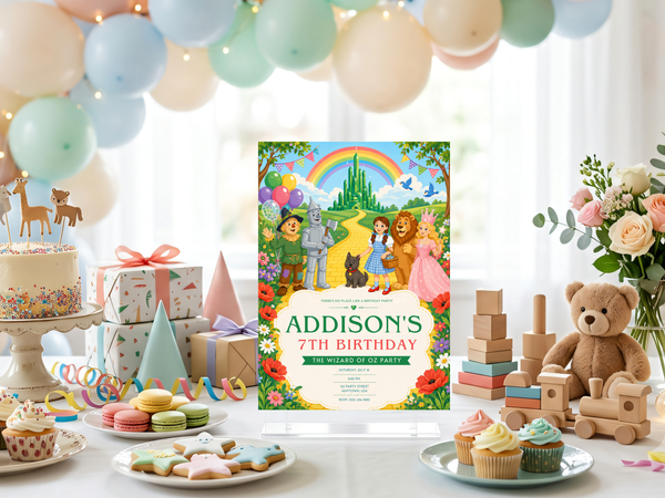 Wizard of Oz themed birthday invite with yellow brick road, colorful flowers, rainbow and classic storybook illustration