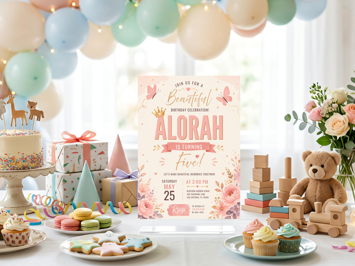 Butterfly birthday invitation template with soft cream background, blush flowers, peach accents, botanical foliage, elegant script typography, and a large celebrant name.