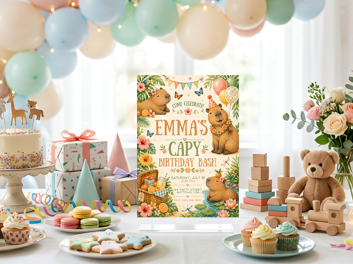 Cute capybara birthday invitation template with tropical botanical accents, butterflies, party bunting and colorful watercolor details