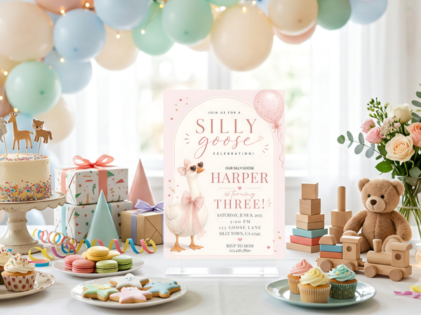 Silly Goose birthday invitation template — alternate product view 4 showing the playful goose-themed birthday invitation and soft pastel party aesthetic.